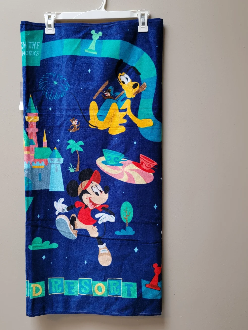 Disney Parks Beach Towel Navy Blue with Teal, Yellow & Pink Character Design